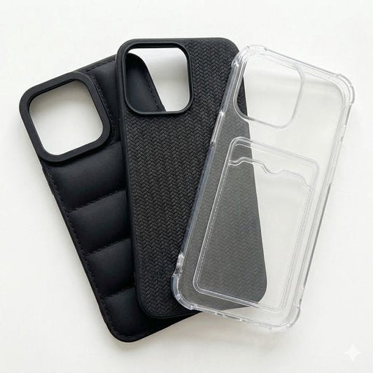 Grijs en zwart telefoon hoesje set met kaartvak en structuur design geschikt voor iPhone 17 – backcover cases voor dames en heren met transparant hoesje, geribbelde textuur en gewatteerd uiterlijk
