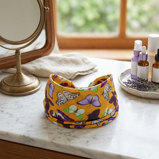 8721438343393 Gele elastische haarband dames met vlinderprint – brede stoffen hoofdband – kleurrijke modieuze haarband voor dagelijks gebruik, yoga en festivals