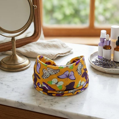8721438343393 Gele elastische haarband dames met vlinderprint – brede stoffen hoofdband – kleurrijke modieuze haarband voor dagelijks gebruik, yoga en festivals