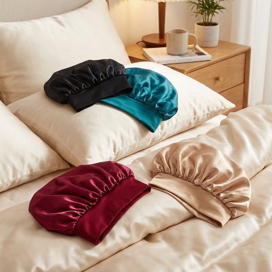 Set van 4 satijnen haar bonnets dames en heren – elastische slaapmutsen met brede band – satijnen haarmutsen tegen pluis en wrijving – antikroes slaap caps in zwart, turquoise, rood en goudkleurig