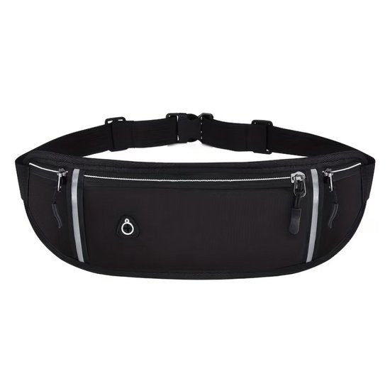 Zwarte sport heuptas unisex running belt verstelbare hardloop heuptas met ritsvakken reflecterende strepen en kliksluiting tailleband geschikt voor telefoon sleutels pasjes en kleine accessoires voor hardlopen fitness wandelen