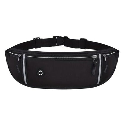 Zwarte sport heuptas unisex running belt verstelbare hardloop heuptas met ritsvakken reflecterende strepen en kliksluiting tailleband geschikt voor telefoon sleutels pasjes en kleine accessoires voor hardlopen fitness wandelen