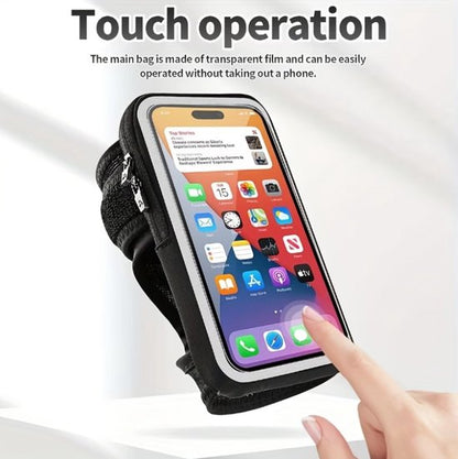Zwart sport armband telefoon hoesje dames heren – pols houder telefoon hoes met transparant scherm en rits vak – elastische hardloop armband met kaart vak voor smartphone geschikt voor hardlopen fitness wandelen
