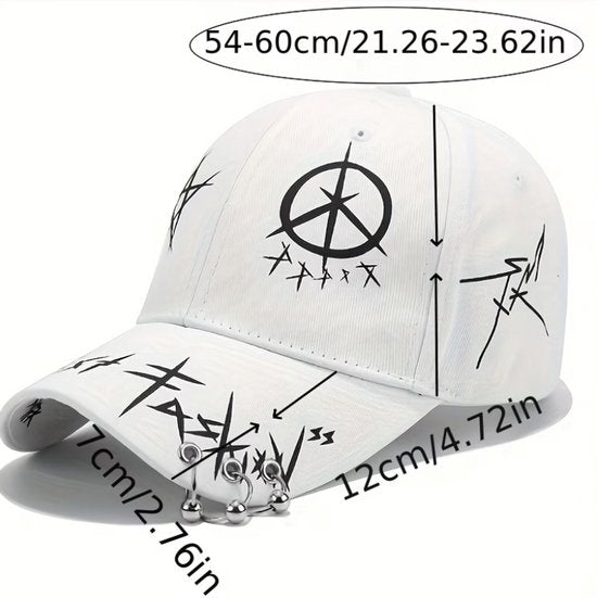 Zwart wit patchwork graffiti baseball pet dames en heren – cap met print, metalen ringen en gebogen klep – verstelbare hip hop baseball pet met streetwear design – casual pet maat 54-60 cm