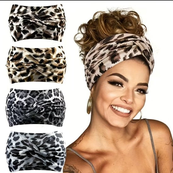 Beige grijze zwarte luipaardprint sport hoofdband set voor dames – 4 delige elastische haarband set met gedraaide voorkant – brede sport hoofdbanden voor yoga, hardlopen, fitness en training