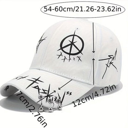 Zwart wit graffiti baseball pet dames en heren – cap met print, metalen ringen en gebogen klep – verstelbare hip hop baseball pet met streetwear design – zwarte casual pet met decoratieve details
