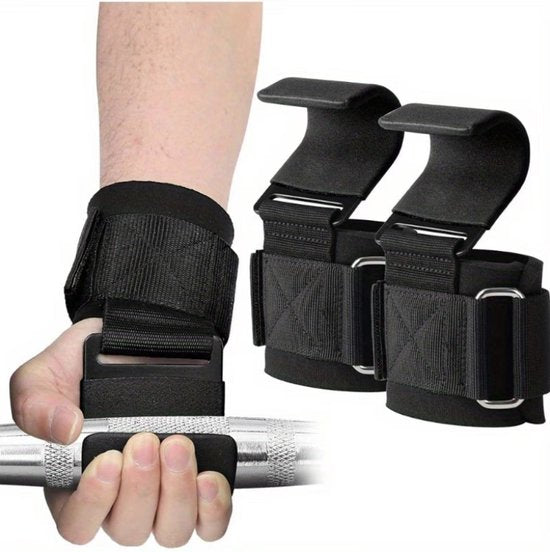 Zwart lifting hooks polsbanden unisex met stalen haak en verstelbare polsband – fitness gewichtheffen hooks voor krachttraining deadlift pull ups barbell training en sportschool gebruik