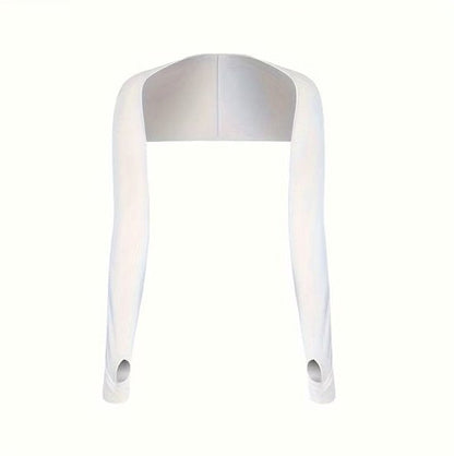 Witte armstukken unisex lange sport arm mouwen met schouderband en duim opening ademende rekbare sneldrogende armwarmers voor fietsen hardlopen vissen en outdoor activiteiten