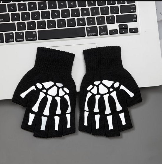 Zwart wit functionele handschoenen met skelet patroon – vingerloze gebreide handschoenen voor heren en dames – halve vinger handschoenen met rib gebreide pols manchet – hand handschoenen met bot patroon ontwerp