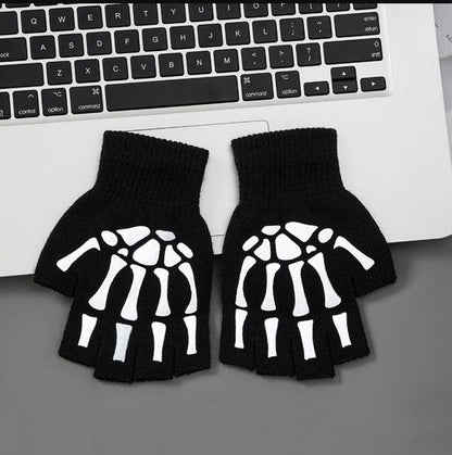 Zwart wit functionele handschoenen met skelet patroon – vingerloze gebreide handschoenen voor heren en dames – halve vinger handschoenen met rib gebreide pols manchet – hand handschoenen met bot patroon ontwerp