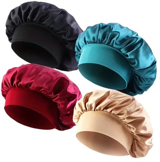 Set van 4 satijnen haar bonnets dames en heren – elastische slaapmutsen met brede band – satijnen haarmutsen tegen pluis en wrijving – antikroes slaap caps in zwart, turquoise, rood en goudkleurig