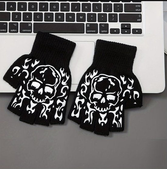 Zwart wit functionele handschoenen met schedel en vlam patroon – vingerloze gebreide handschoenen voor heren en dames – halve vinger hand handschoenen met rib gebreide pols manchet – handschoenen met skull print ontwerp
