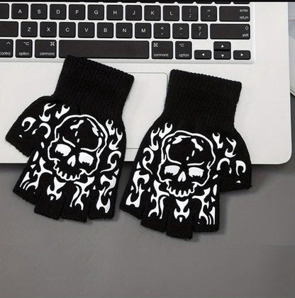 Zwart wit functionele handschoenen met schedel en vlam patroon – vingerloze gebreide handschoenen voor heren en dames – halve vinger hand handschoenen met rib gebreide pols manchet – handschoenen met skull print ontwerp