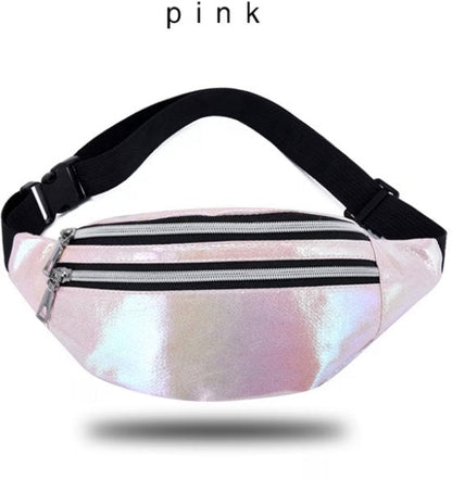 Roze metallic heuptas dames en heren holografische heuptas verstelbare band met gesp meerdere rits vakken compact crossbody heuptasje glanzende laser look voor festivals reizen en dagelijks gebruik