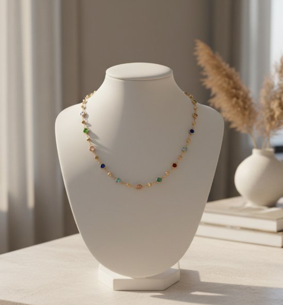 8721381459738 Goudkleurige ketting voor dames met ronde meerkleurige kralen