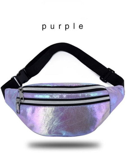 Paars metallic heuptas dames en heren holografische heuptas verstelbare band met gesp meerdere rits vakken compact crossbody heuptasje glanzende laser look voor festivals reizen en dagelijks gebruik