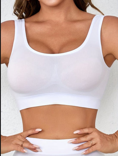 Wit sport beha dames – naadloze sport bh set – elastische dunne sport top zonder sluiting – ademende enkellaagse sport bh met brede schouderbanden – lichte ondersteuning – fitness yoga hardlopen – maat XXL – set van 3
