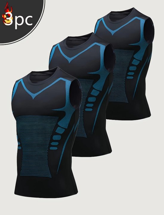 Zwart compressie sport shirt heren – mouwloos sport top – ademend training shirt met ronde hals – elastisch fitness shirt voor hardlopen fitness basketbal – aansluitende basislaag – set van 3