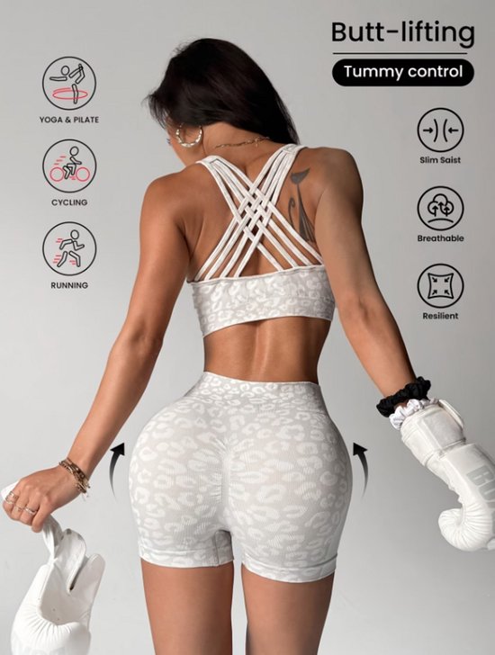 Lichtgrijs dames sportset fitnesskleding naadloos met hoge taille sport shorts en sport bh met kruisband rug luipaard patroon yoga fitness hardlopen set maat L