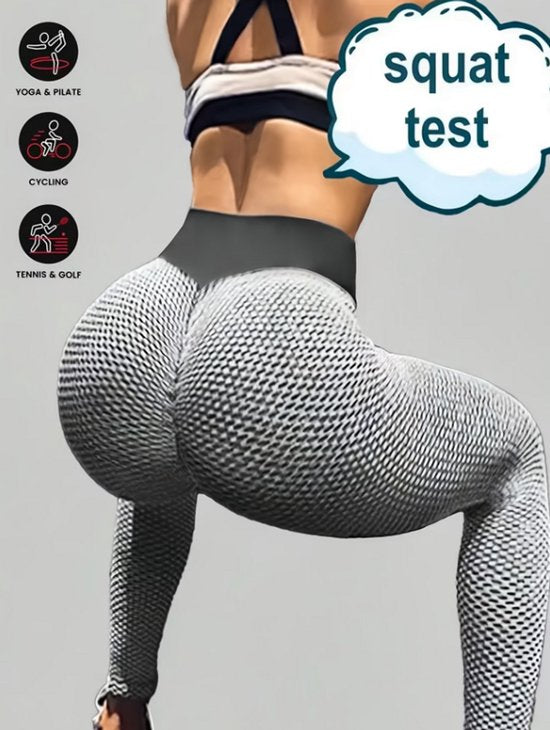 Grijs sport legging dames – high waist fitness legging met honingraat patroon – elastische yoga legging met zijzakken – aansluitende sport broek voor fitness yoga hardlopen en training – maat M