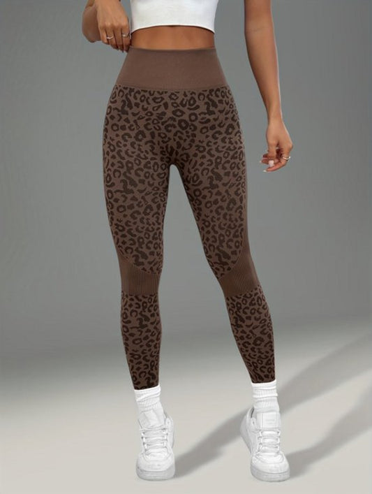 Koffie bruin sport legging dames – high waist fitness legging met luipaardprint – elastische yoga legging met aansluitende pasvorm – sport broek voor fitness yoga training en hardlopen – maat S