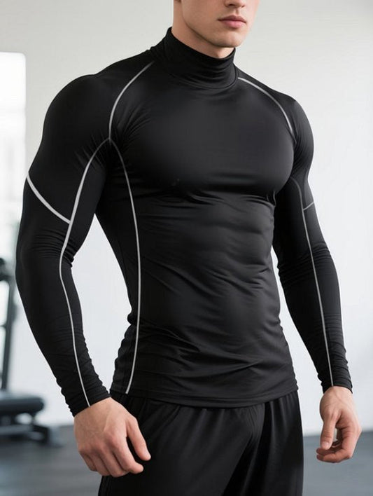 Donkergrijs fitness shirt heren – compressie sport shirt met hoge hals – lange mouwen sport top – elastisch training shirt voor fitness hardlopen boksen – aansluitend sport shirt als basislaag – maat L
