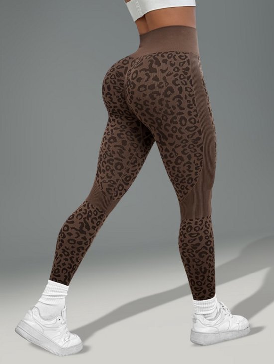 Koffie bruin sport legging dames – high waist fitness legging met luipaardprint – elastische yoga legging met aansluitende pasvorm – sport broek voor fitness yoga training en hardlopen – maat S