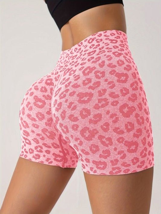 Fel roze sport short dames – high waist fitness short – elastische yoga short met luipaardprint – aansluitende sport broek voor yoga fitness training en hardlopen – sportieve workout short – maat S