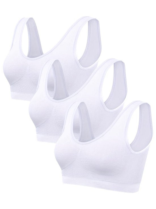 Wit sport beha dames – naadloze sport bh set – elastische dunne sport top zonder sluiting – ademende enkellaagse sport bh met brede schouderbanden – lichte ondersteuning – fitness yoga hardlopen – maat L – set van 3