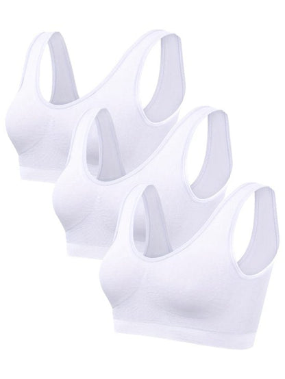 Wit sport beha dames – naadloze sport bh set – elastische dunne sport top zonder sluiting – ademende enkellaagse sport bh met brede schouderbanden – lichte ondersteuning – fitness yoga hardlopen – maat L – set van 3
