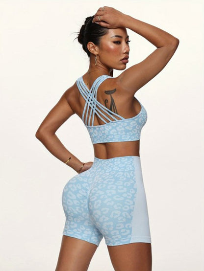 Blauw dames sportset fitnesskleding naadloos met hoge taille sport shorts en sport bh luipaard patroon yoga fitness hardlopen set maat M