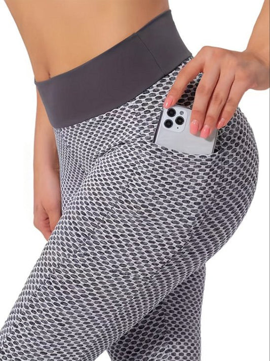 Grijs sport legging dames – high waist fitness legging met honingraat patroon – elastische yoga legging met zijzakken – aansluitende sport broek voor fitness yoga hardlopen en training – maat M