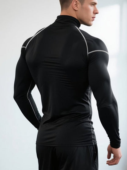 Donkergrijs fitness shirt heren – compressie sport shirt met hoge hals – lange mouwen sport top – elastisch training shirt voor fitness hardlopen boksen – aansluitend sport shirt als basislaag – maat M