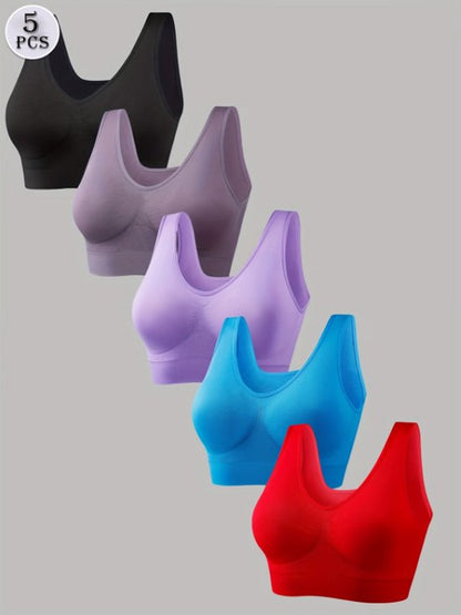 Zwarte paarse blauwe en rode sport bh dames naadloze sport bh set van 5 stuks elastische sportbeha zonder beugel geschikt voor hardlopen fitness yoga en training maat XXL