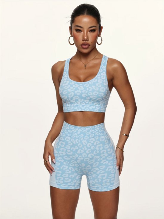 Blauw dames sportset fitnesskleding naadloos met hoge taille sport shorts en sport bh luipaard patroon yoga fitness hardlopen set maat L