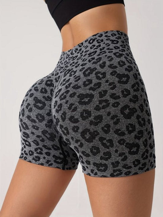 Grijs sport short dames – high waist fitness short – elastische yoga short met luipaardprint – aansluitende workout short voor yoga fitness training en hardlopen – sportieve korte fitness broek – maat L