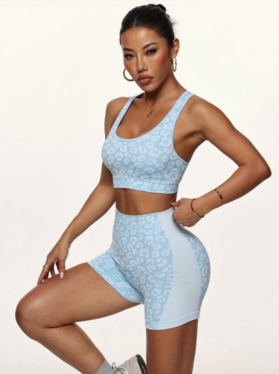 Blauw dames sportset fitnesskleding naadloos met hoge taille sport shorts en sport bh luipaard patroon yoga fitness hardlopen set maat S