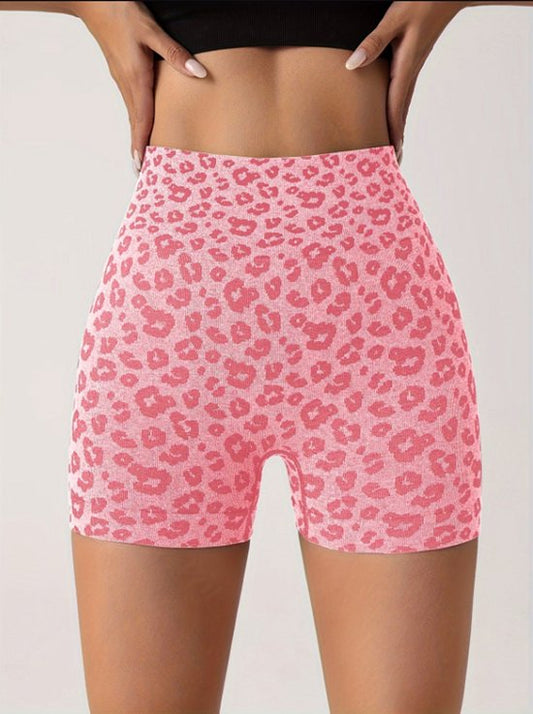 Fel roze sport short dames – high waist fitness short – elastische yoga short met luipaardprint – aansluitende sport broek voor yoga fitness training en hardlopen – sportieve workout short – maat L