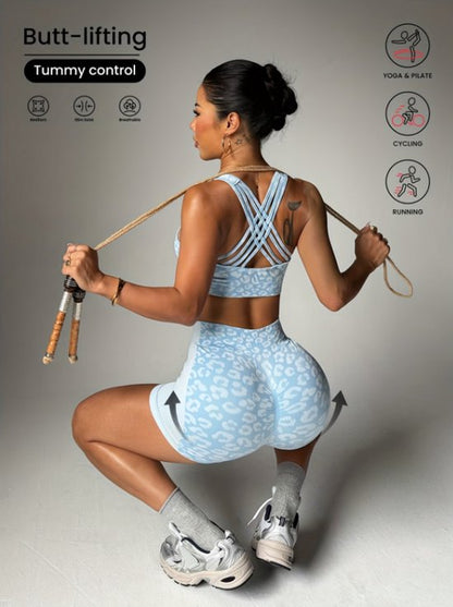 Blauw dames sportset fitnesskleding naadloos met hoge taille sport shorts en sport bh luipaard patroon yoga fitness hardlopen set maat M