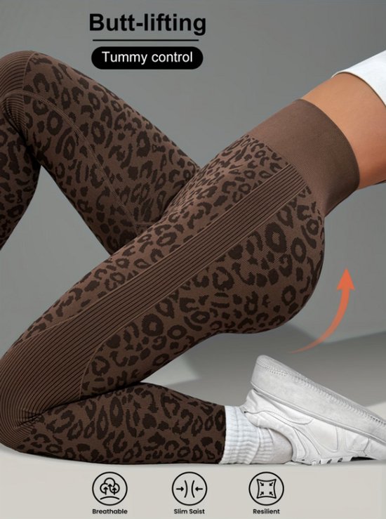 Koffie bruin sport legging dames – high waist fitness legging met luipaardprint – elastische yoga legging met aansluitende pasvorm – sport broek voor fitness yoga training en hardlopen – maat S