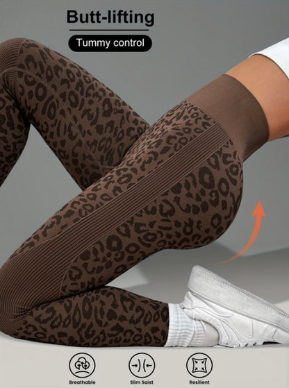 Koffie bruin sport legging dames – high waist fitness legging met luipaardprint – elastische yoga legging met aansluitende pasvorm – sport broek voor fitness yoga training en hardlopen – maat S