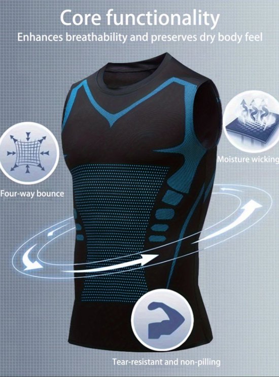 Zwart compressie sport shirt heren – mouwloos sport top – ademend training shirt met ronde hals – elastisch fitness shirt voor hardlopen fitness basketbal – aansluitende basislaag – set van 3