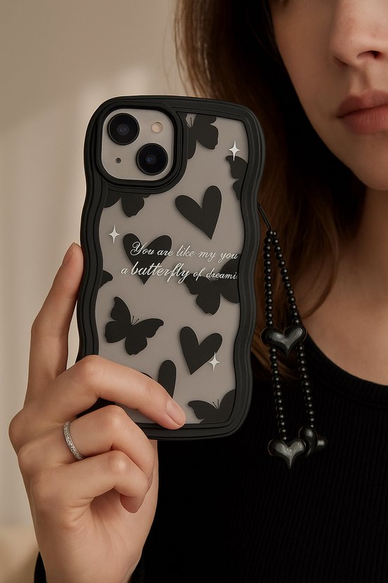 Golvend Hoesje Geschikt voor iPhone 11 Telefoonhoesje Case Hartjes en Vlinders Patroon met Koord