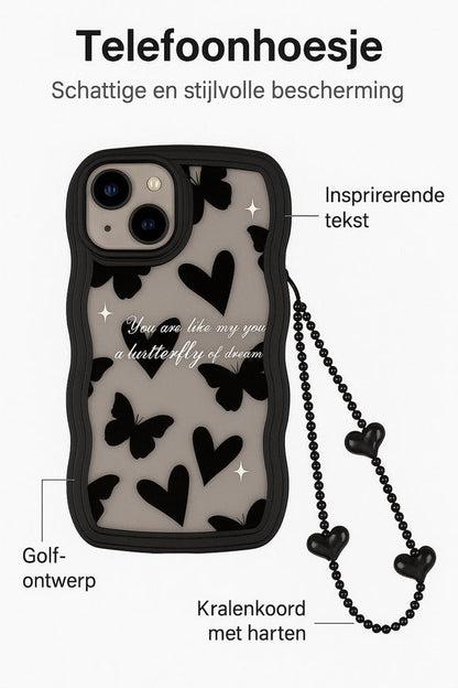 Golvend Hoesje Geschikt voor iPhone 12 Telefoonhoesje Case Hartjes en Vlinders Patroon met Koord