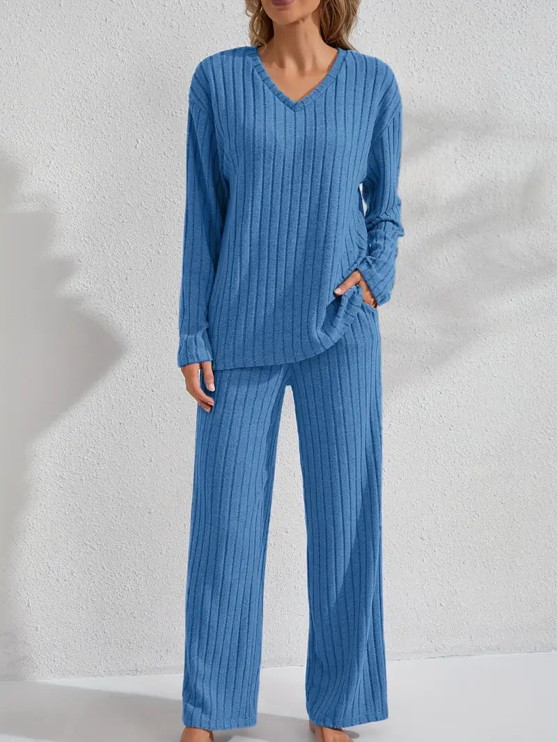 Women's Ribbed Long-Sleeve Top and Pants Set – Casual Comfortable Loungewear