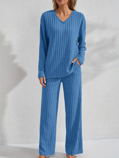 Women's Ribbed Long-Sleeve Top and Pants Set – Casual Comfortable Loungewear
