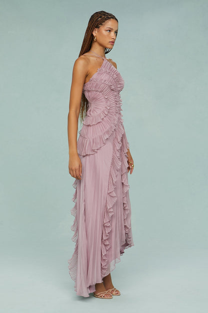 Heidi | Women’s Pleated Ruffle Halter Midi Dress
