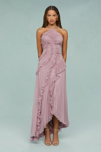 Heidi | Women’s Pleated Ruffle Halter Midi Dress