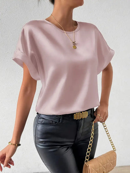 Valkirra - T shirt en satin à manches courtes roulées et encolure ronde