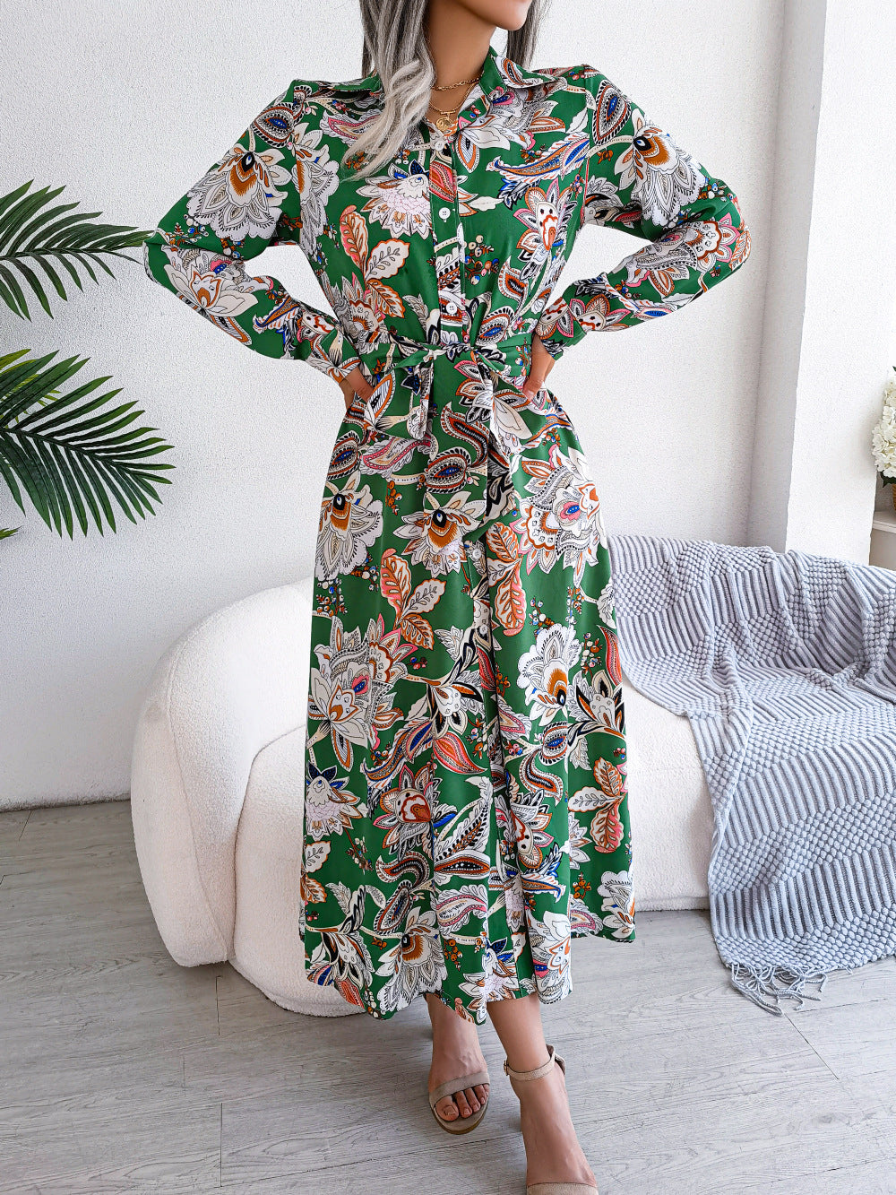 Women  Vintage Floral Print Lapel Tie Waist Shirt Maxi Dress